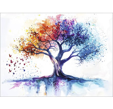 Aquarelschilderij van een boom met verschillende seizoenskleuren