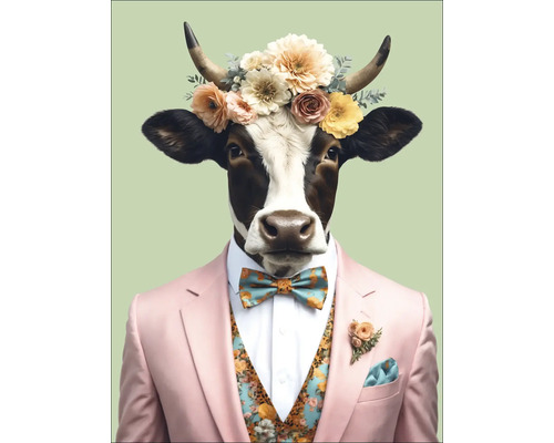 Illustratie van een koe met bloemenkrans en pak