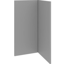 Hoekoverzicht van een grijze wandbekleding, die een modern ruimteontwerp toont.