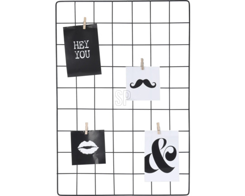 Wandrek met 4 houten beugels zwart 57x38 cm Metalen rooster memobord met foto's en notities