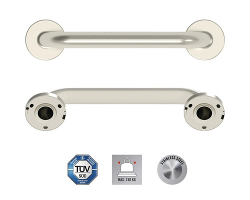 Roestvrijstalen handgreep voor de badkamer, met TÜV Süd keurmerk, maximale belasting 150 kilogram, roestvrijstaal markering.