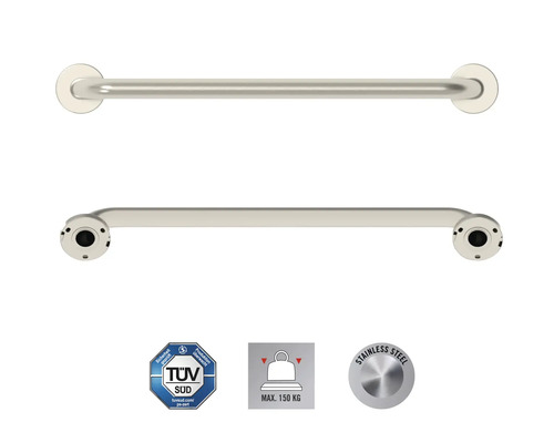 Roestvrijstalen handgreep voor de badkamer, twee aanzichten, TÜV Süd keurmerk, maximale belasting 150 kg, roestvrijstaal symbool