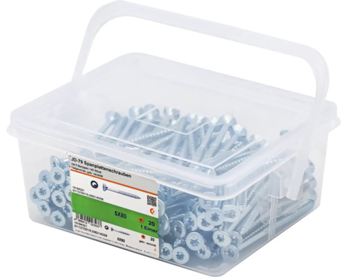 Spaanplaatschroeven 5x80 millimeter in een transparante kunststof doos