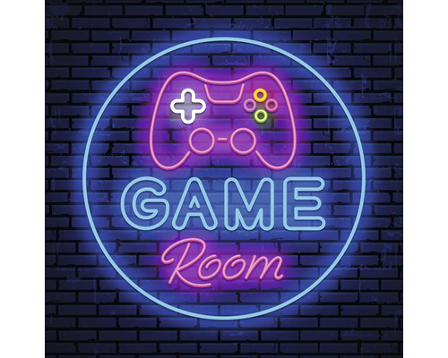 Neonreclame met het woord Game Room en een gamecontroller op een bakstenen muur