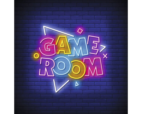 Lichtgevende gamekamer belettering voor een bakstenen muur