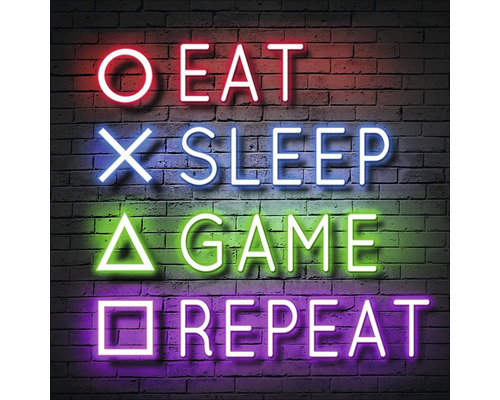 Neonreclame met het opschrift: Eten, Slapen, Spelen, Herhalen