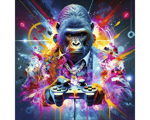 Illustratie van een gorilla met spelcomputer, pak en ketting