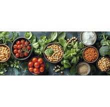 Schikking van groenten, peulvruchten en kruiden in kommen