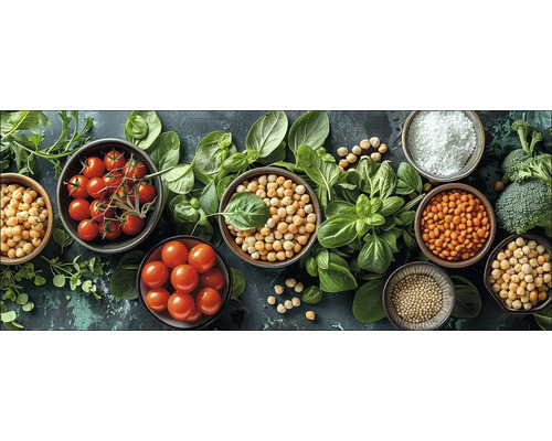 Schilderij glas Kikkererwten en tomaten 125x50 cm Schikking van groenten, peulvruchten en kruiden in kommen