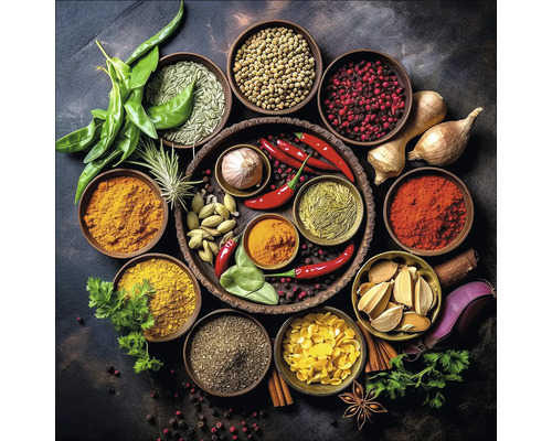 Arrangement van diverse kruiden en specerijen in schalen