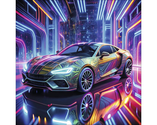 Sportwagen met speciale lak voor een neonlichtdecor