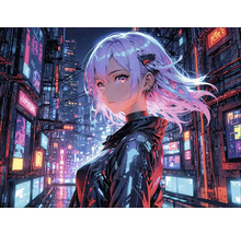 Scène van een animefiguur in een futuristisch stadslandschap.