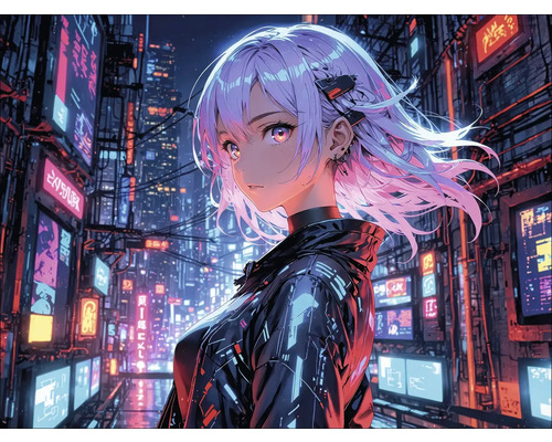 Scène van een animefiguur in een futuristisch stadslandschap.