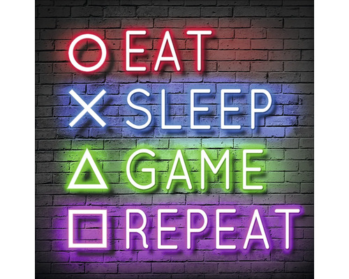 Neonreclame op een bakstenen muur met de tekst: Eten, Slapen, Spelen, Herhalen
