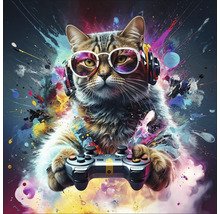 Kat met hoofdtelefoon en bril die een controller vasthoudt