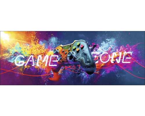 Spelconsole met de tekst Game Zone op een kleurrijke achtergrond