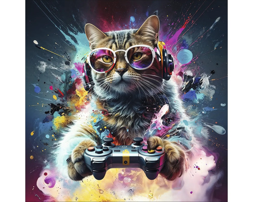 Illustratie van een kat met een koptelefoon, zonnebril en gamecontroller