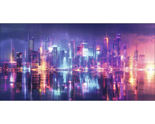 PURE LIVING Schilderij canvas Manga Stad 100x50 cm Skyline van een stad met wolkenkrabbers en reflecties in het water