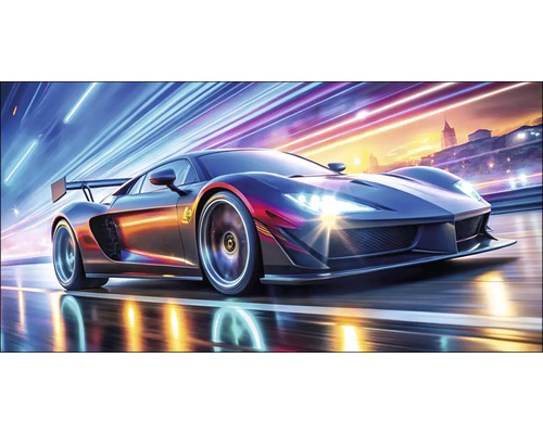 PURE LIVING Schilderij canvas Neon sportwagen III 100x50 cm Illustratie van een snelle sportwagen op de weg in de nacht.