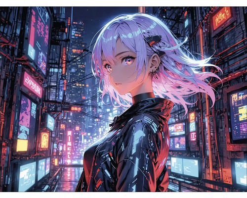Cyberpunkscene met een vrouw in een stad verlicht door neonlichten
