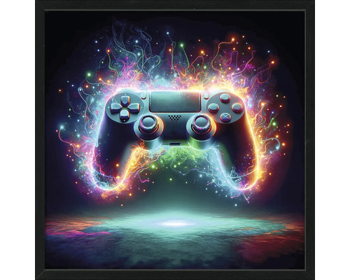 Ingelijste afbeelding van een videogamecontroller met lichteffecten