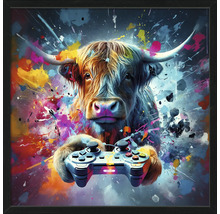Ingelijste afbeelding van een koe met een gamecontroller voor een achtergrond met verfspatten