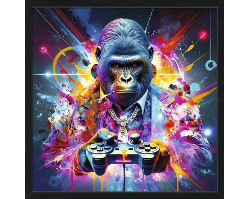 Schilderij van een gorilla met een gamepad in een lijst