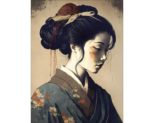 Illustratie van een vrouw in kimono met bloemmotieven en een kunstig kapsel
