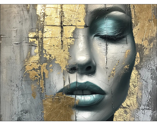 Schilderij met abstract vrouwengezicht en gouden accenten
