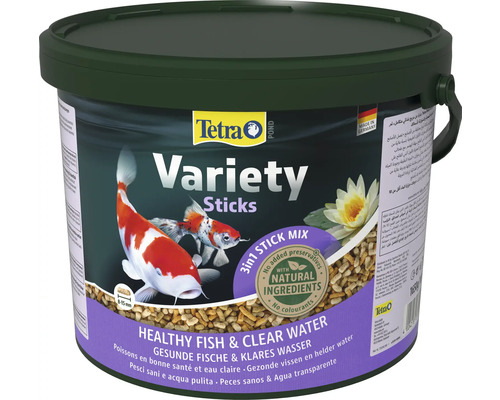 Tetra Pond Variety Sticks vijvervisvoer in emmer met 3 in 1 stickmix voor gezonde vissen en helder water.
