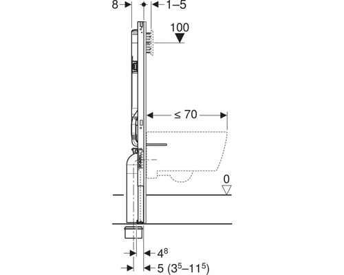 Technische tekening van een sanitair systeem met afmetingen