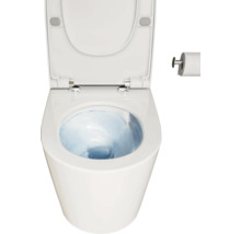 Witte toiletpot met open deksel en toiletpapierhouder
