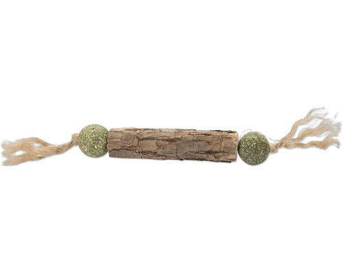 Kattenspeelgoed met houten stuk, twee catnipballen en franjes