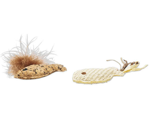 Twee kattenspeeltjes in visvorm, één van kurk en de ander van raffia