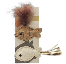 Kattenspeelgoed met veren en vismotieven van kurk en stof