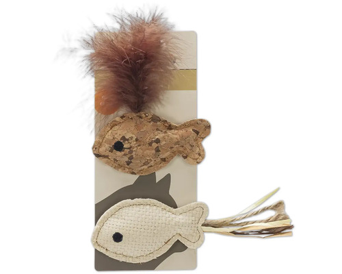 Kattenspeelgoed met veren en vismotieven van kurk en stof