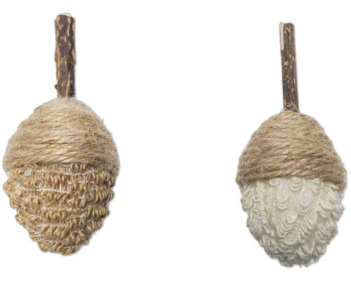Twee decoratieve eikels met jute dop en houten steel
