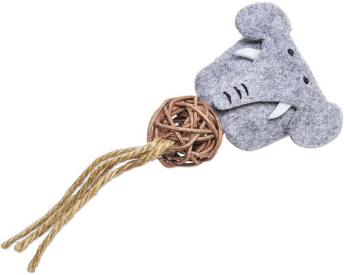 Kattenspeelgoed met vilten nijlpaardkop, wilgenbal en touw