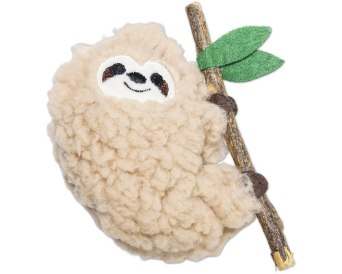 Pluche luiaard die aan een tak hangt