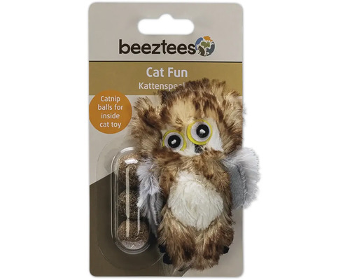 Beeztees Logo. Kattenspeelgoed in de vorm van een uil met catnipballen.