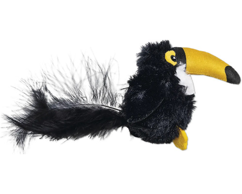 Toekan als kattenspeelgoed met veren