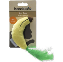 Banaanvormig kattenspeeltje met kattenkruid en verenpluim