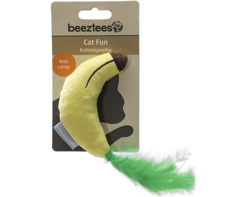 Banaanvormig kattenspeeltje met kattenkruid en verenpluim