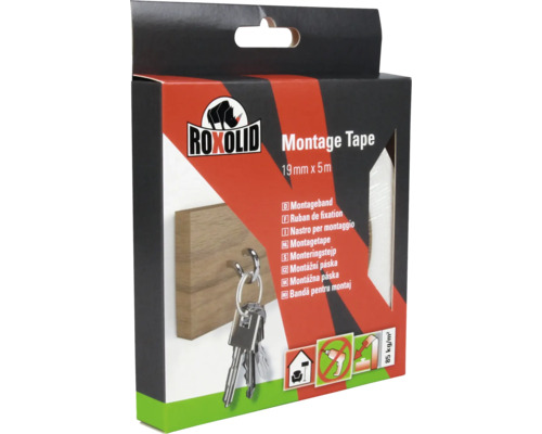 ROXOLID Montagetape wit 5 m x 19 mm Roxolid Montagetape, 19 mm x 5 m, verpakking