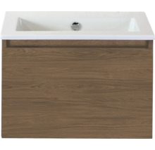 Wastafelonderkast met houten structuur en opzetwastafel