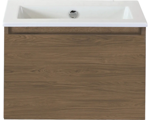 Wastafelonderkast met houten structuur en opzetwastafel