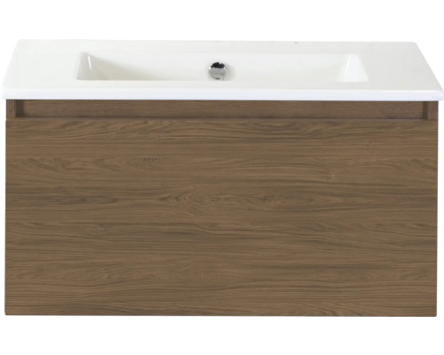 Wastafelonderkast met houtlook en keramische wastafel