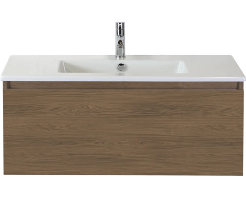 SANOX Badkamermeubelset Frozen honey 100 cm met één lade incl. keramische wastafel met één kraangat Wastafelonderkast met wastafel en kraan