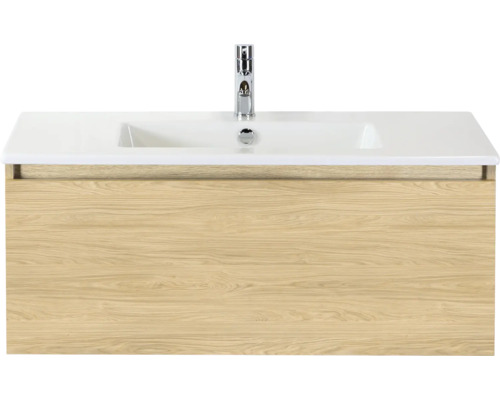 SANOX Badkamermeubelset Frozen casella oak 100 cm met één lade incl. keramische wastafel met één kraangat Wastafelonderkast met wastafel en kraan