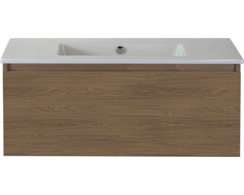 Wastafelonderkast met houtlook en witte wastafel